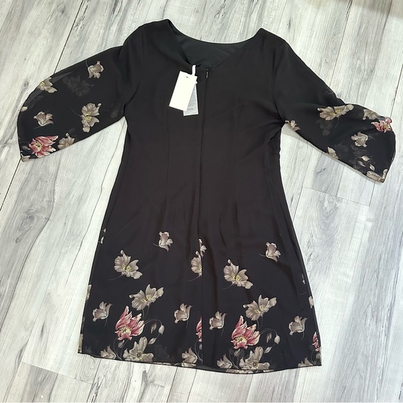 NWT GRACE KARIN Lined Chiffon Dress 3/4 Split Sleeve Black Floral detail Women M - Picture 3 of 7